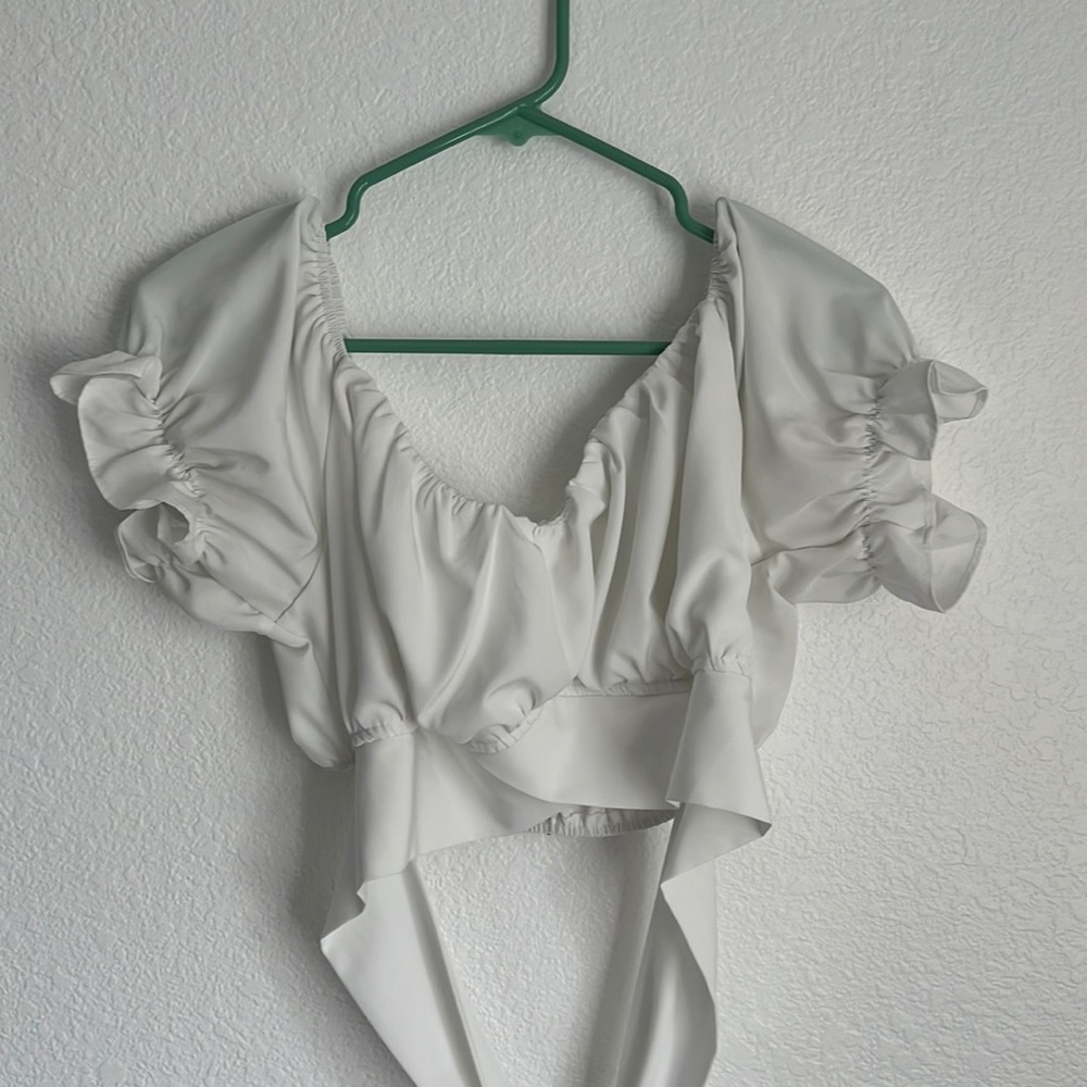 White ruffle crop top tieback stretchy material